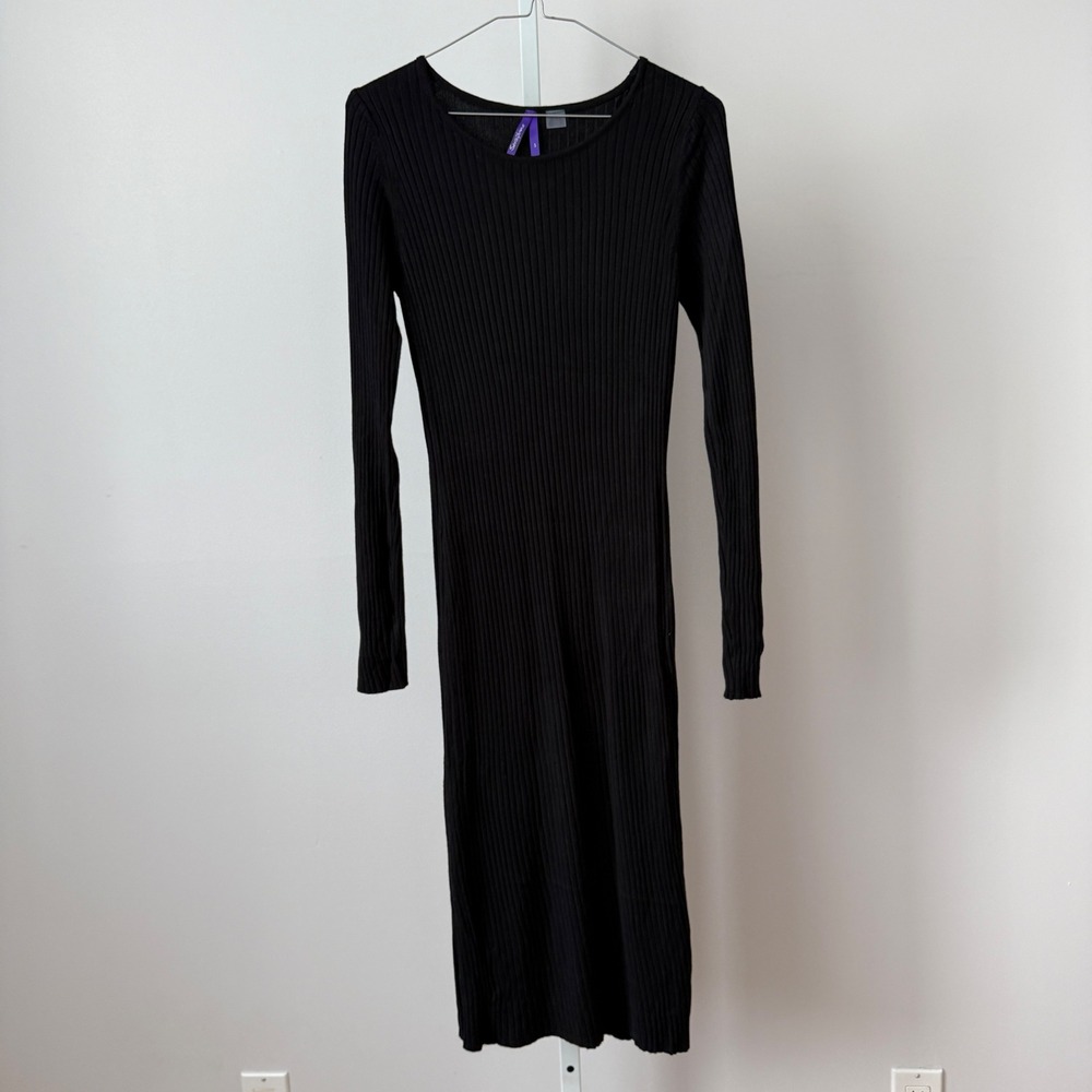 Seraphine sz S Black Ribbed Knit Long Sleeve Midi Dress Goth